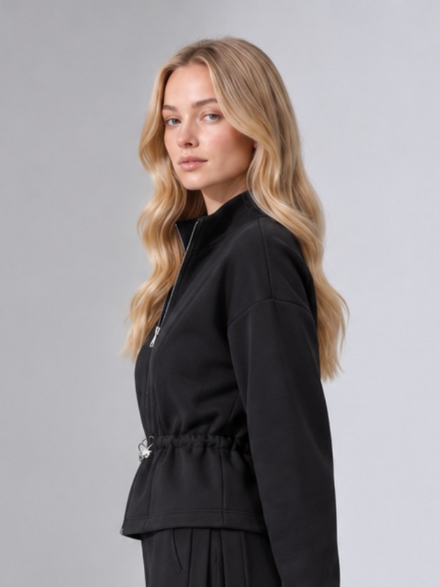 Jacket with zipper and drawstring.