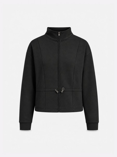 Jacket with zipper and drawstring.