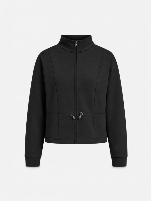 Jacket with zipper and drawstring.