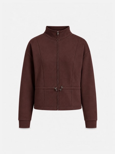 Jacket with zipper and drawstring.