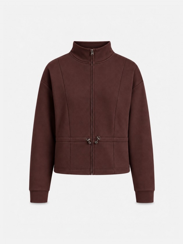 Jacket with zipper and drawstring.