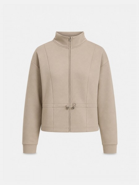 Jacket with zipper and drawstring.